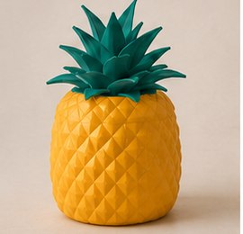 Back view of the pineapple yarn bowl with its leaf lid on.