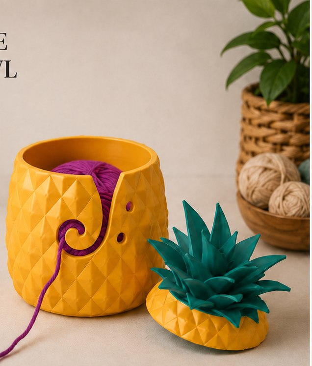 Pineapple-shaped ceramic yarn bowl in gold with a teal leaf lid beside it, holding a ball of magenta yarn.